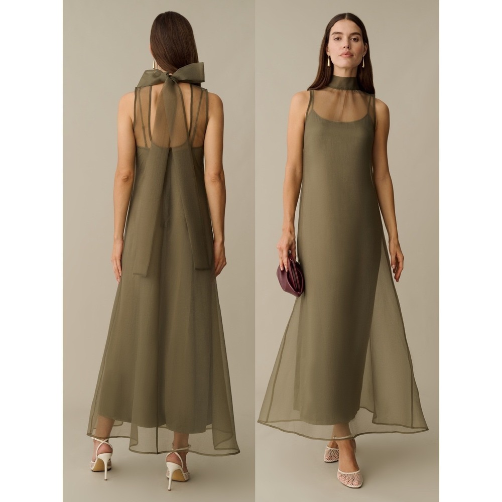 Women's Olive Maxi Dress with Sheer Neck Overlay